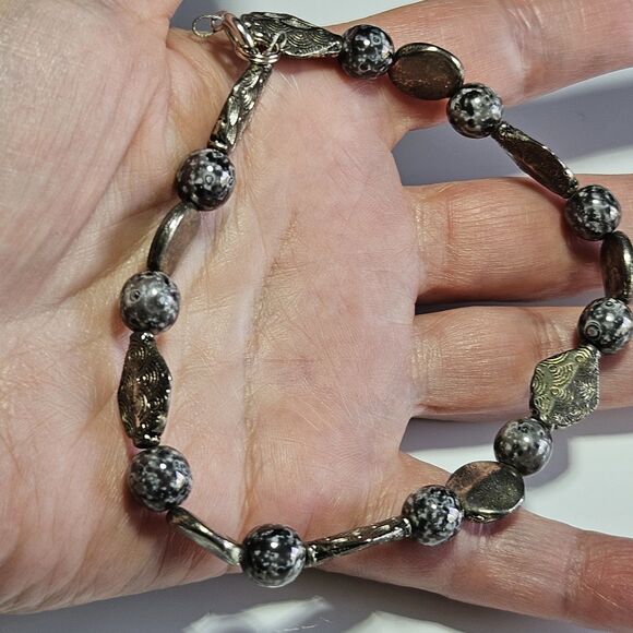 Silver Tone Gray Semiprecious Stone Beaded Bracelet Or Anklet 9" - Picture 1 of 12